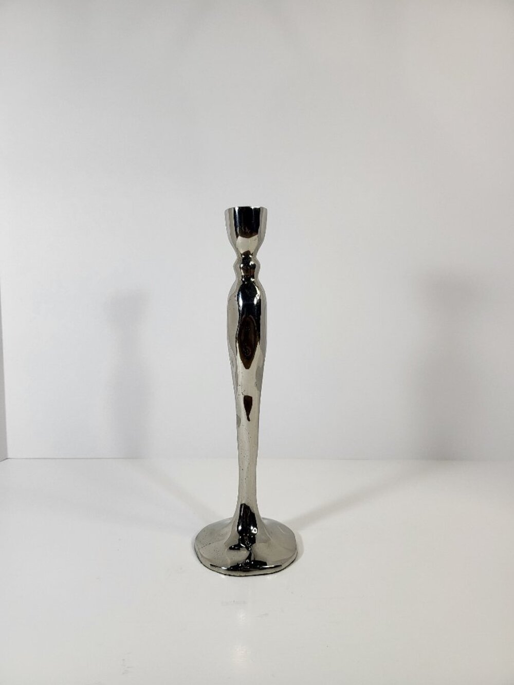 Vintage Modernist Silver Taper‎ Candlestick, 10" Sculptural Metal Candle Holder